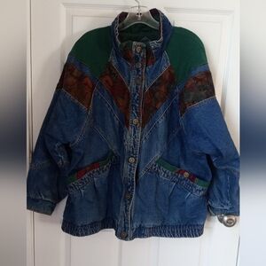 Vintage-Inspired Blue Denim Jacket with Green Accents